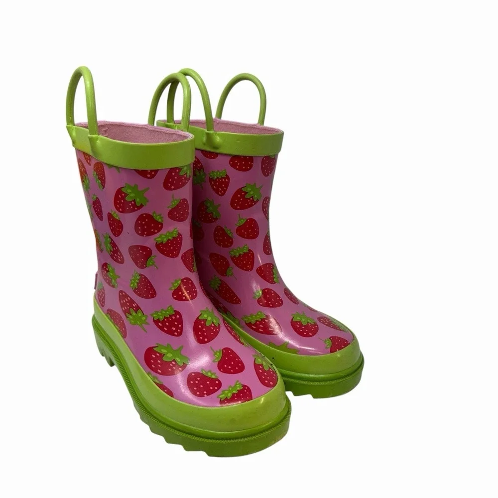 Blue Mountain Kids Strawberry Print Pink Lime Green Rubber Rain Boots BM230 13/1